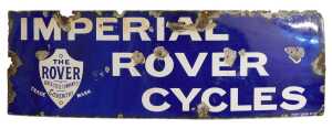An IMPERIAL ROVER CYCLES enamel advertising sign, bearing the Rover crest for Coventry, royal...