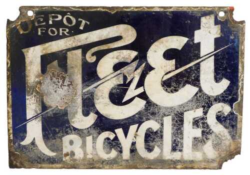 A FLEET BICYCLES enamel advertising sign, DEPOT FOR FLEET BICYCLES, blue ground with white...