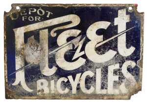 A FLEET BICYCLES enamel advertising sign, DEPOT FOR FLEET BICYCLES, blue ground with white...