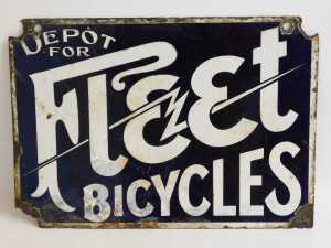 A FLEET BICYCLES enamel advertising sign, DEPOT FOR FLEET BICYCLES, blue ground with white... - 3
