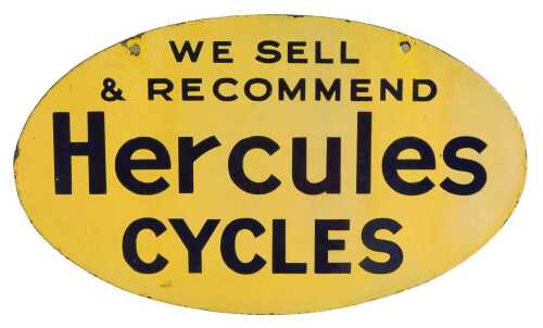 A Hercules CYCLES enamel advertising sign, WE SELL & RECOMMEND Hercules CYCLES, oval form,...