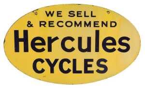 A Hercules CYCLES enamel advertising sign, WE SELL & RECOMMEND Hercules CYCLES, oval form,...