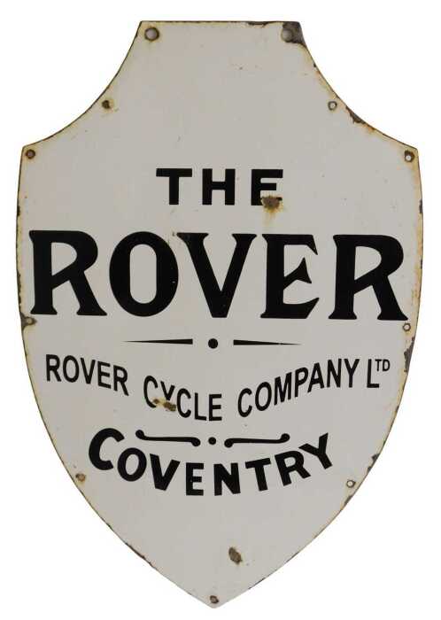 A ROVER CYCLE COMPANY LTD enamel advertising sign, shield form, white ground with black...