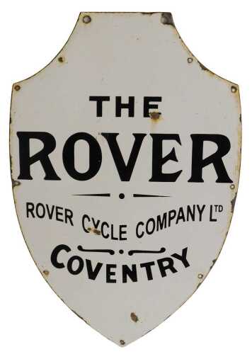 A ROVER CYCLE COMPANY LTD enamel advertising sign, shield form, white ground with black...