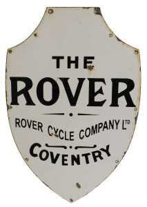 A ROVER CYCLE COMPANY LTD enamel advertising sign, shield form, white ground with black...