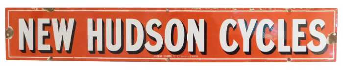 A NEW HUDSON CYCLES enamel advertising sign, red ground with white lettering, 82cm x 13cm. (AF)