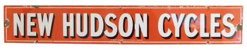 A NEW HUDSON CYCLES enamel advertising sign, red ground with white lettering, 82cm x 13cm. (AF)
