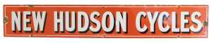 A NEW HUDSON CYCLES enamel advertising sign, red ground with white lettering, 82cm x 13cm. (AF)