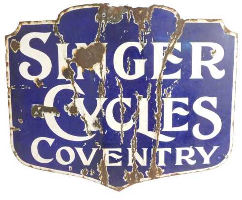A SINGER CYCLES COVENTRY enamel shield advertising sign, blue ground with white lettering, 26cm...