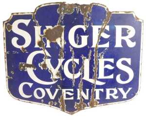 A SINGER CYCLES COVENTRY enamel shield advertising sign, blue ground with white lettering, 26cm...