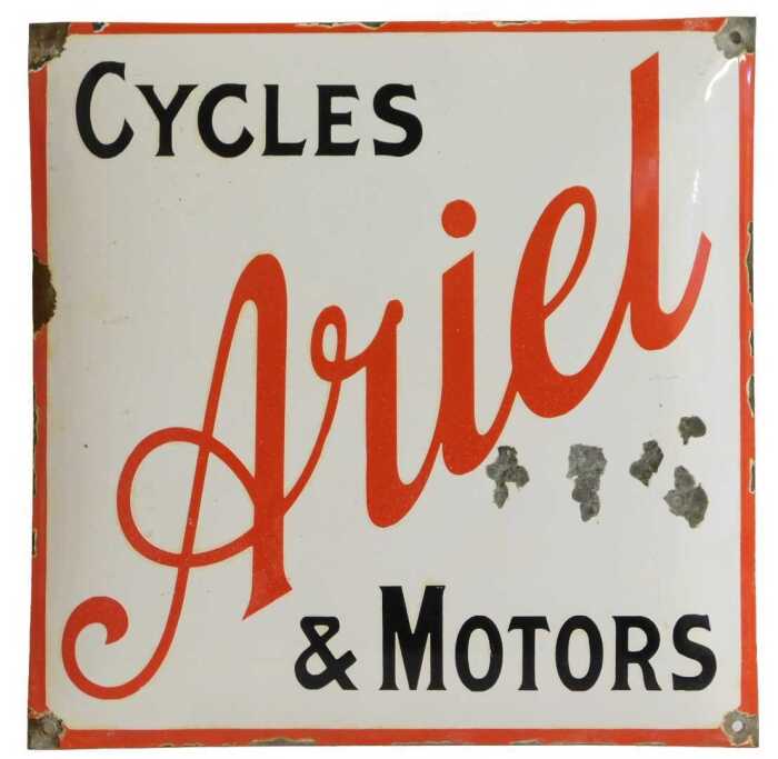 An Ariel enamel advertising sign, CYCLES & MOTORS, white ground with red and black lettering,...