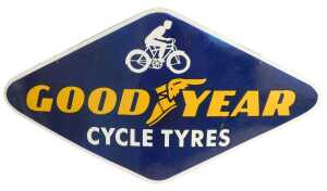 A GOODYEAR CYCLE TYRES enamel advertising sign, blue ground with white and yellow lettering,...