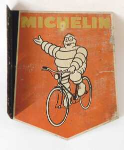 A MICHELIN painted metal advertising sign, depicting the Michelin Man on a bicycle, red ground,... - 3