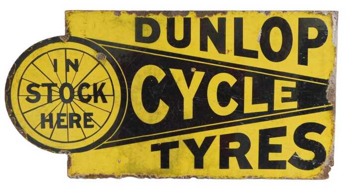 A DUNLOP CYCLE TYRES enamel advertising sign, IN STOCK HERE, yellow and black ground,...