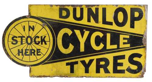 A DUNLOP CYCLE TYRES enamel advertising sign, IN STOCK HERE, yellow and black ground,...