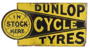 A DUNLOP CYCLE TYRES enamel advertising sign, IN STOCK HERE, yellow and black ground,...