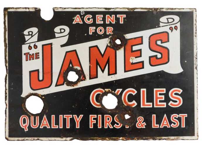 THE JAMES CYCLES enamel advertising sign, AGENT FOR THE JAMES CYCLES QUALITY FIRST & LAST, black...