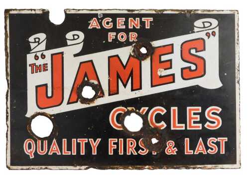 THE JAMES CYCLES enamel advertising sign, AGENT FOR THE JAMES CYCLES QUALITY FIRST & LAST, black...