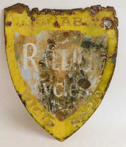 A RALEIGH CYCLES shield enamel advertising sign, RELIABLE RIGID RAPID, yellow and black ground,... - 3