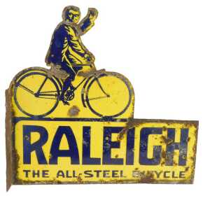 A RALEIGH enamel advertising sign, THE ALL STEEL BICYCLE, depicting a gentleman riding a bicycle,...