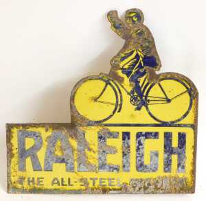 A RALEIGH enamel advertising sign, THE ALL STEEL BICYCLE, depicting a gentleman riding a bicycle,... - 3