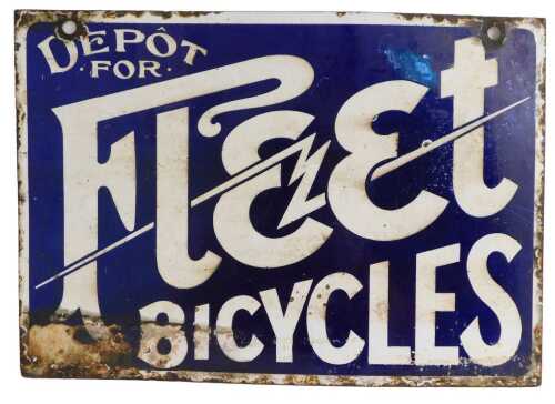 A Fleet BICYCLES enamel advertising sign, DEPOT FOR Fleet BICYCLES, blue ground with white...