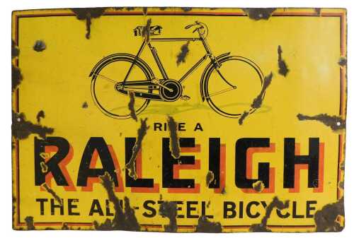 A RALEIGH enamel advertising sign, RIDE A RALEIGH THE ALL-STEEL BICYCLE, yellow ground with...