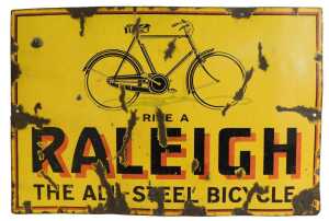 A RALEIGH enamel advertising sign, RIDE A RALEIGH THE ALL-STEEL BICYCLE, yellow ground with...