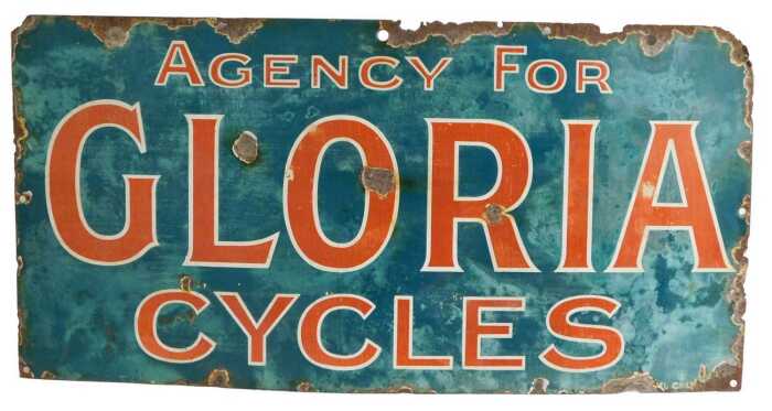 A GLORIA CYCLES enamel advertising sign, AGENCY FOR, teal ground with red and white highlighted...