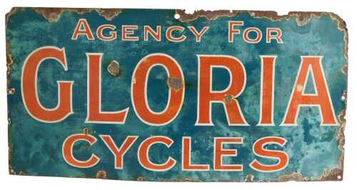A GLORIA CYCLES enamel advertising sign, AGENCY FOR, teal ground with red and white highlighted...