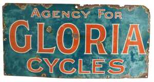 A GLORIA CYCLES enamel advertising sign, AGENCY FOR, teal ground with red and white highlighted...