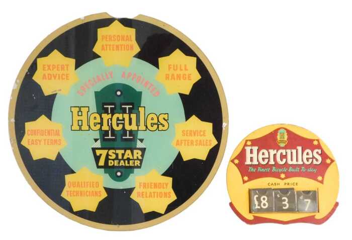 Two Hercules advertising signs, comprising a cardboard-backed Cash Price Slot sign, orange and...