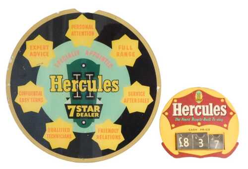 Two Hercules advertising signs, comprising a cardboard-backed Cash Price Slot sign, orange and...