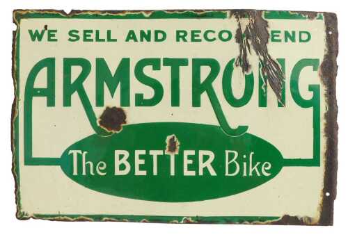 An ARMSTRONG enamel advertising sign, WE SELL AND RECOMMEND ARMSTRONG The BETTER Bike, dark and...