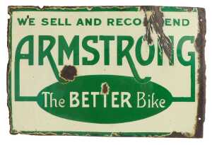 An ARMSTRONG enamel advertising sign, WE SELL AND RECOMMEND ARMSTRONG The BETTER Bike, dark and...