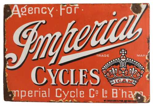 An Imperial CYCLES enamel advertising sign, Agency for, red ground with white lettering, for...