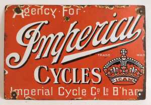 An Imperial CYCLES enamel advertising sign, Agency for, red ground with white lettering, for... - 3