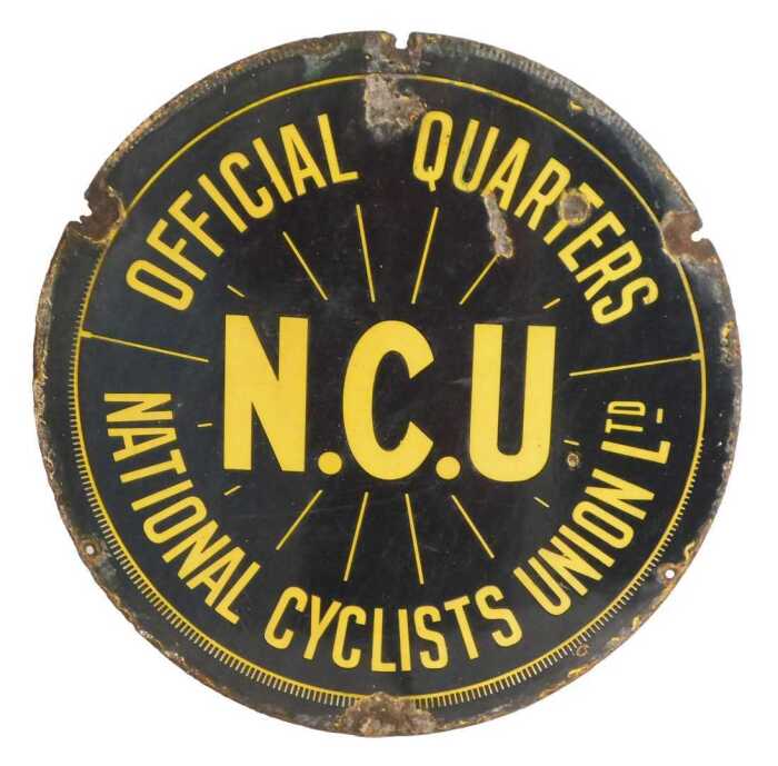 A NATIONAL CYCLES UNION LTD circular enamel advertising sign, black ground with yellow lettering,...