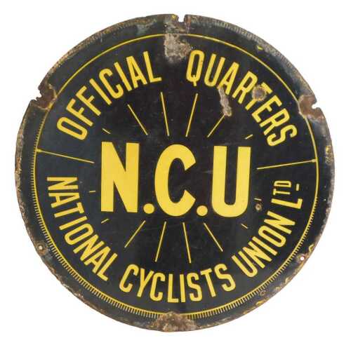 A NATIONAL CYCLES UNION LTD circular enamel advertising sign, black ground with yellow lettering,...