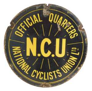 A NATIONAL CYCLES UNION LTD circular enamel advertising sign, black ground with yellow lettering,...