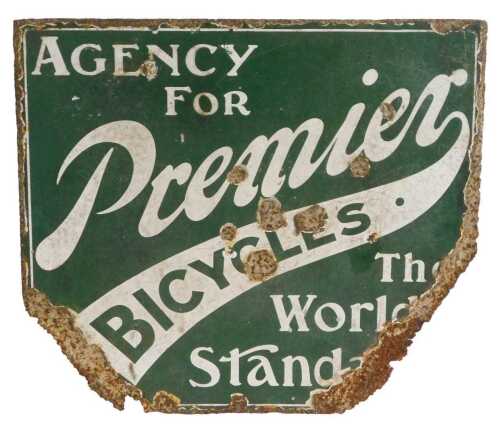 A Premier BICYCLES enamel advertising sign, AGENCY FOR, The World's Standard, green ground with...