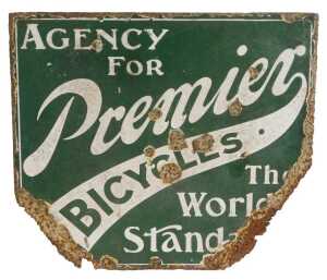 A Premier BICYCLES enamel advertising sign, AGENCY FOR, The World's Standard, green ground with...