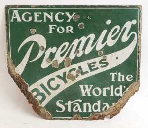A Premier BICYCLES enamel advertising sign, AGENCY FOR, The World's Standard, green ground with... - 3