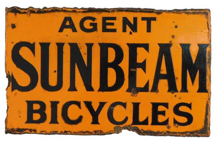 A SUNBEAM BICYCLES enamel advertising sign, AGENT, orange ground with navy blue lettering,...