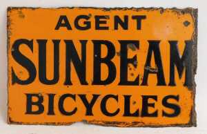 A SUNBEAM BICYCLES enamel advertising sign, AGENT, orange ground with navy blue lettering,... - 3