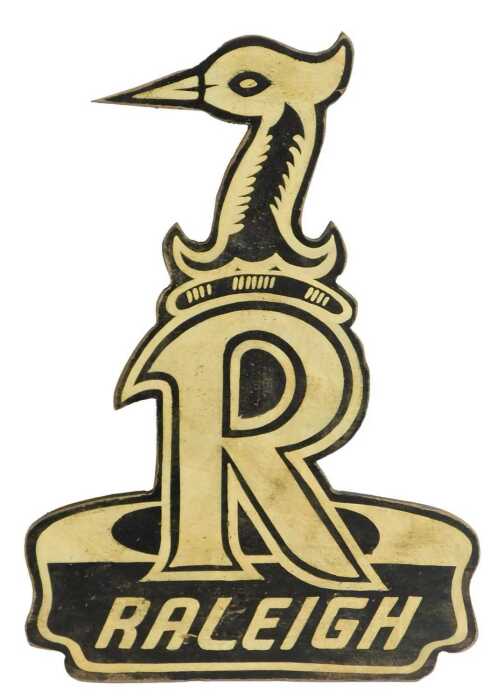 A RALEIGH painted wooden advertising sign, with a Raleigh stork perched on the letter R, 54cm x...
