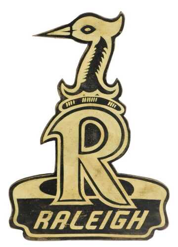 A RALEIGH painted wooden advertising sign, with a Raleigh stork perched on the letter R, 54cm x...
