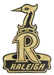 A RALEIGH painted wooden advertising sign, with a Raleigh stork perched on the letter R, 54cm x...