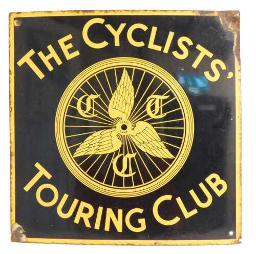 THE CYCLIST'S TOURING CLUB enamel advertising sign, black ground with yellow lettering and...