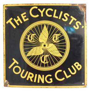 THE CYCLIST'S TOURING CLUB enamel advertising sign, black ground with yellow lettering and...